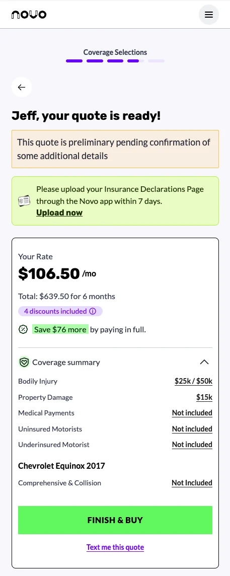 Quote ready screen showing $106.50 a month with the coverage summary.