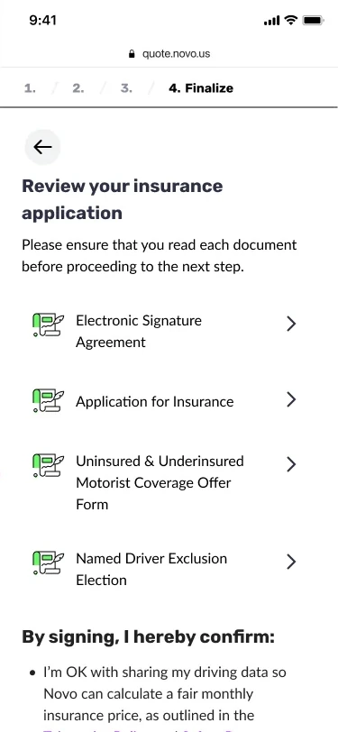 Review your insurance application screen with documents to sign.