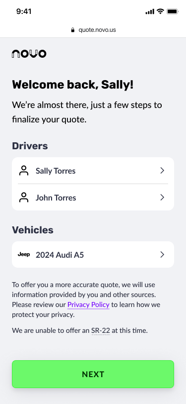 Novo quote welcome back screen with pre-filled drivers and vehicles