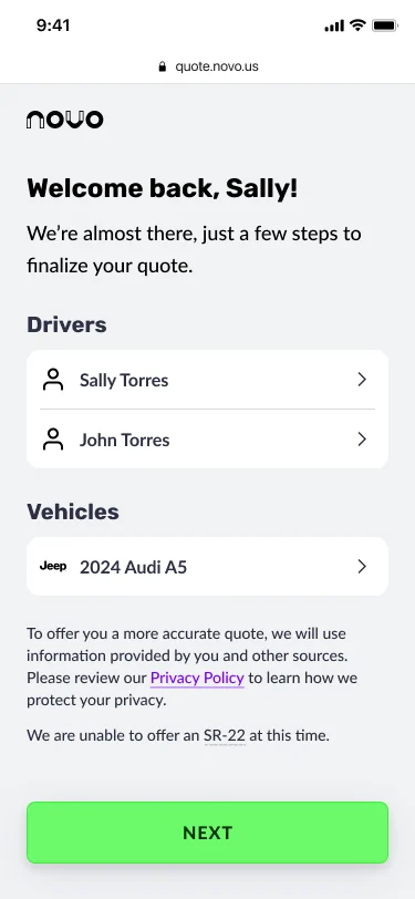 Welcome back screen with drivers and a vehicle already listed.