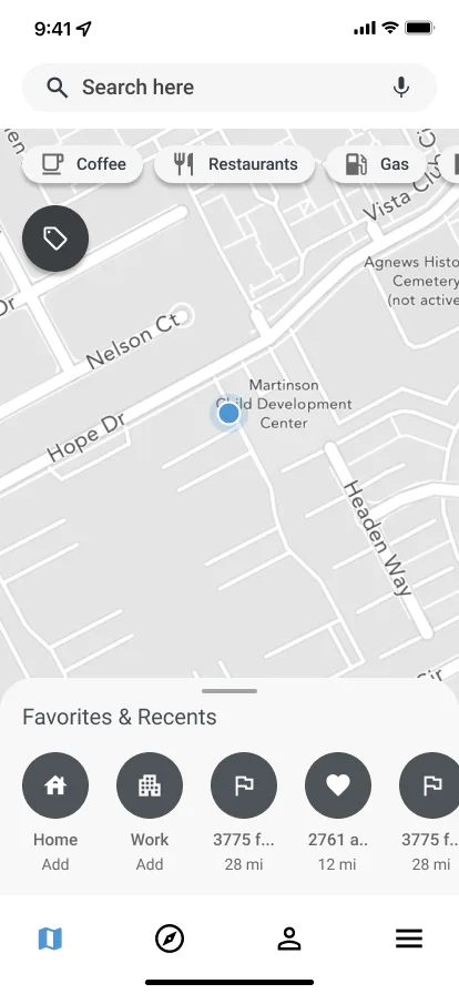 Scout Mobile: a phone navigation app showing a map with the current location, category shortcuts for coffee, restaurants and gas, and a Favorites and Recents shelf