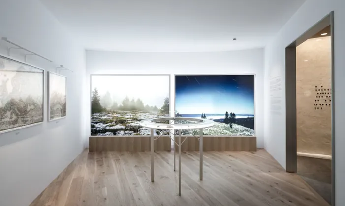 Gallery room inside the Audemars Piguet exhibit with a landscape photo wall