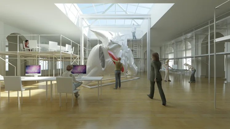 Clifton Hall art exhibit: a skylit hall with a large white sculpture, mezzanine platforms and visitors