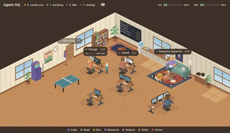 Agent HQ: an isometric office where each open Claude Code session is a person at a desk, working, idle or waiting