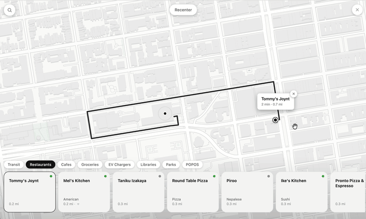 LifeOS map in motion: panning the local discovery view, switching between place categories and routing to nearby restaurants