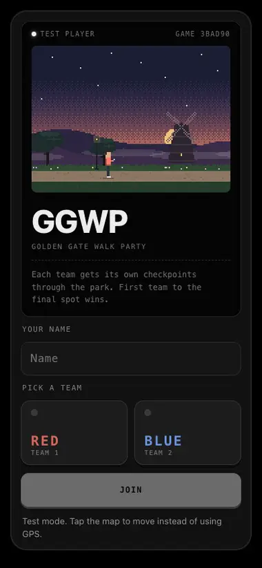 Walk Party: a player joins a team on their phone, follows a clue across a map of Golden Gate Park, reaches a checkpoint and plays a Wordle challenge