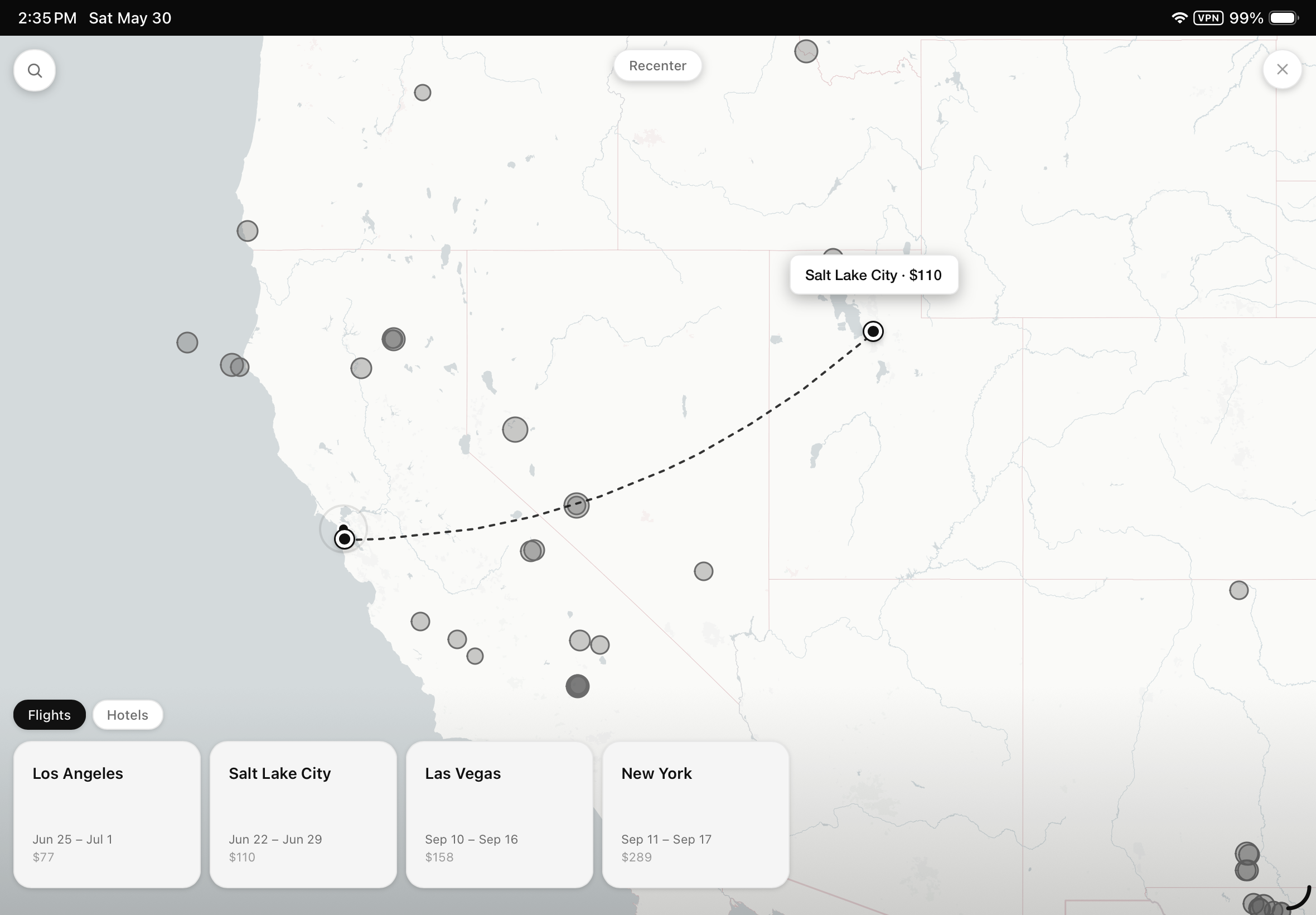 LifeOS map: a continental flights and hotels price explorer with a flight-path arc and destination price pins