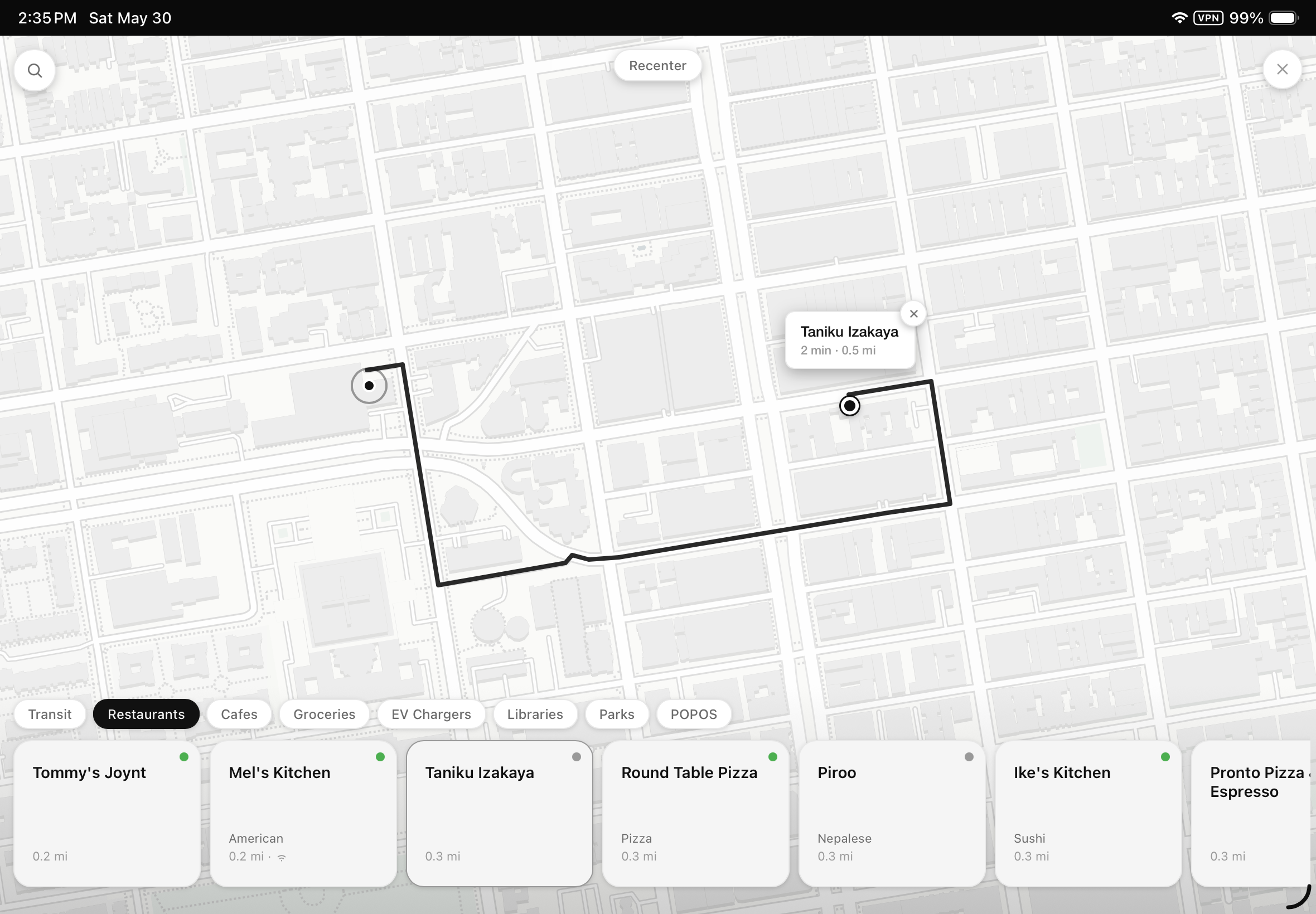 LifeOS map: a local discovery view with nearby restaurants, category filters, and a walking route