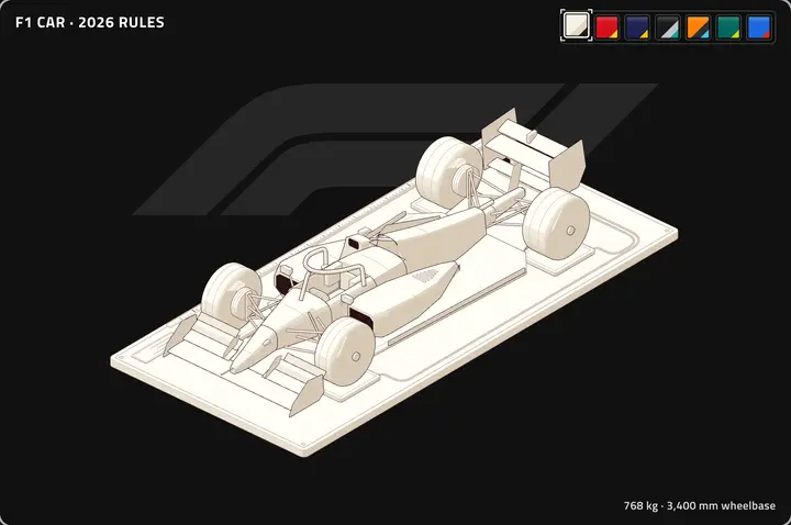 F1 Pit Lane: an F1 car switching between team liveries, then coming apart into its main assemblies and going back together