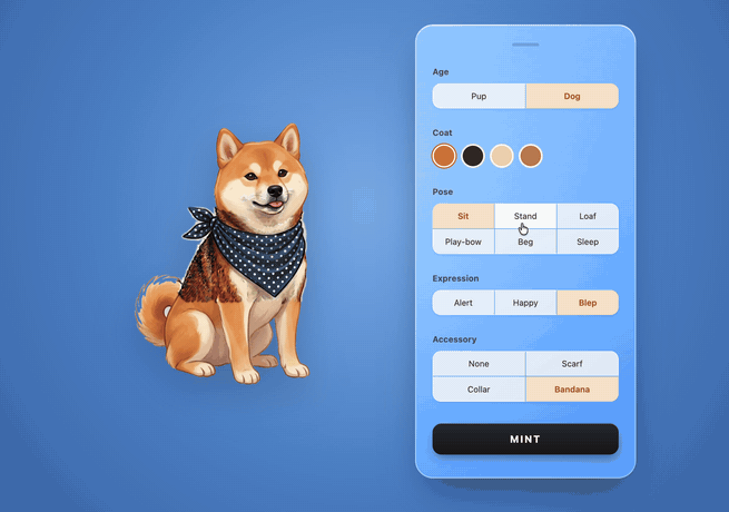 Shiba Inu character customizer: building a red Shiba with coat, pose, expression and accessory controls, then minting it through a gachapon machine that dispenses a capsule and reveals the finished dog