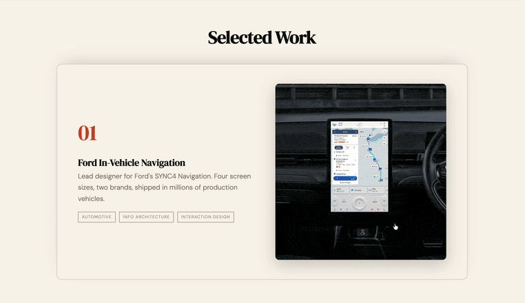 The Raymond Su portfolio in motion: scrolling through the Selected Work case studies, each shown on a stacked card with an in-car screen mockup