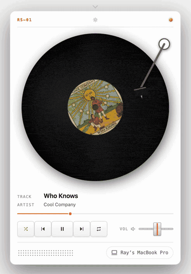 Vinyl Deck: a Spotify track playing as a spinning vinyl record with the album art as its label, a tonearm, and playback controls