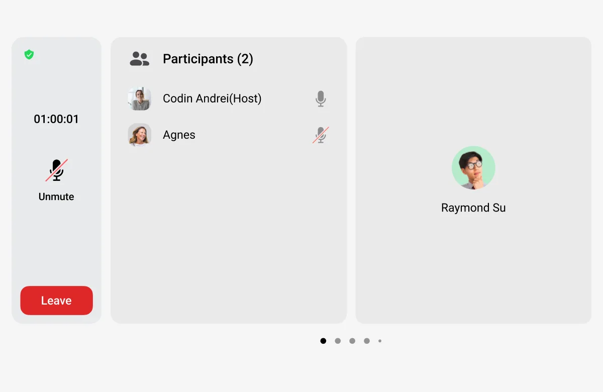 Zoom for Cars: an in-car meeting screen with a call timer and mute control, a participant list, and the active speaker's avatar